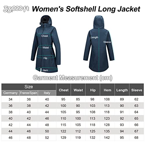 33,000ft Softshelljacke Damen Lange Übergangsjacke Wasserdicht Winddicht Softshellmantel Windbreaker Atmungsaktiv Wanderjacke Outdoor Mantel mit Abnehmbarer Kapuze Dunkel blau 46