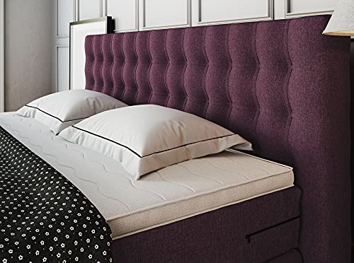 Betten Jumbo King Boxspringbett 180x200 cm 7-Zonen TFK Härtegrad H4 und Visco-Topper | Farbe: Aubergine | versch. Größen verfügbar