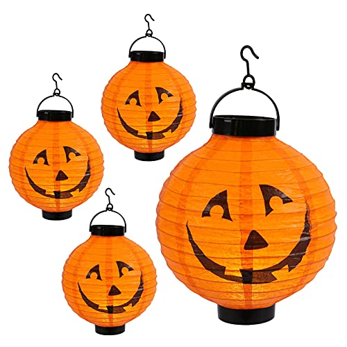 Qedertek Halloween Deko Garten, Kürbis Lampion mit batterie, 20cm Orange Papierlaterne mit Kürbismuster, Halloween Papier Lampion für kinder, Halloween Lampion Mit Haken deko für Traufe (4 Pack)