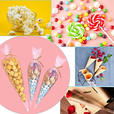 Flimflim Candy Bar Tüten Reißfest mit Kabelbinder, Süßigkeiten Tüten Candybar Cone Cellophantüten Bonbons, 13X25cm Durchsichtig Geschenktüten für Hochzeit Kindergeburtstag Party 100 Stk