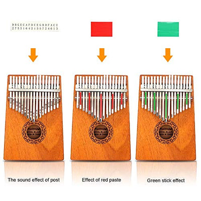 GUNAI 17 Schlüssel Kalimba Daumenklavier, Mahagoni Marimba Instrument mit Tuninghammer und 7 Zubehör für Musikliebhaber Anfänger