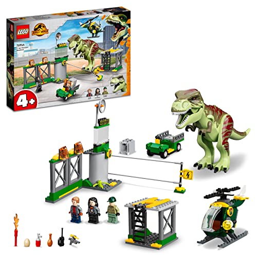 LEGO 76944 Jurassic World T. Rex Ausbruch, Dinosaurier Spielzeug ab 4 Jahre, Set mit Figur, Hubschrauber, Flughafen und Spielzeugauto