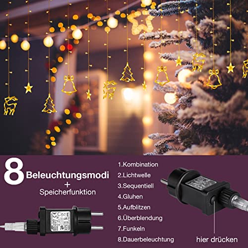 138 LED 2.3m Lichterkette Warmweiß,Lichtervorhang mit 8 modi und Timer,Sterne & Weihnachtsmuster, Weihnachtsbeleuchtung Innen/Außen, IP44 Wasserdicht Dekoration Für Christmas Weihnachtsdeko