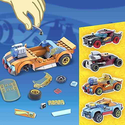 MEGA Construx GVM13 - Hot Wheels Rennwagen Spielzeug-Set, Bauset, 485 Teile, 4 Fahrzeuge, Rally Cat, Dawgzilla, Night Shifter und Mod Rod, 4 bewegliche Mikro-Actionfiguren, für Kinder ab 5 Jahren