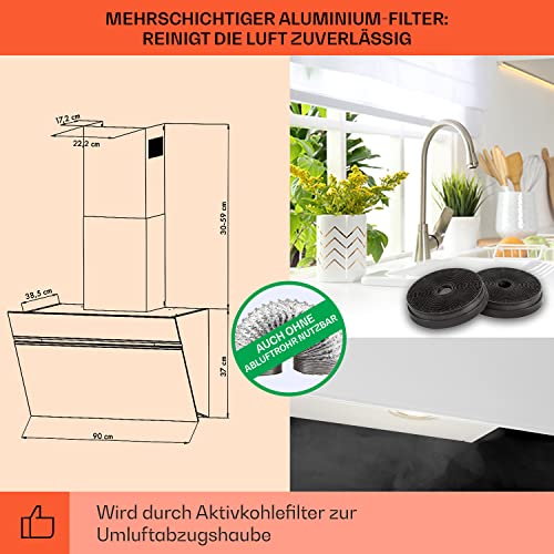 Klarstein Alina Smart Dunstabzugshaube, Abzugshaube für Küchen, Dunstabzugshaube mit Filter, Dunstabzug mit 594 m³/h Luftstrom, Wi-Fi-Steuerung, LED Beleuchtung, Dunstabzugshaube 90cm, Umluft