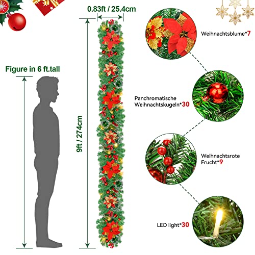 Weihnachtsgirlande Dekoration, Weihnachtsdeko 30 LEDs Girlande Weihnachten IP44 Künstlich Tannengirlande mit Red Blumen, 30 Glänzend Kugeln - für Haus Treppen Kamin Haustür Weihnachtsdeko-2.7M