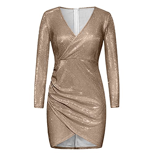 Graceyo Pailletten Kleider Knielang, Damen Kurz Glitzerkleid Langarm V-Ausschnitt Glänzende Kleider Sexy Partykleid Cocktailkleid Bodycon Enges Party Minikleid Wickelkleid Festkleid, Braun, L