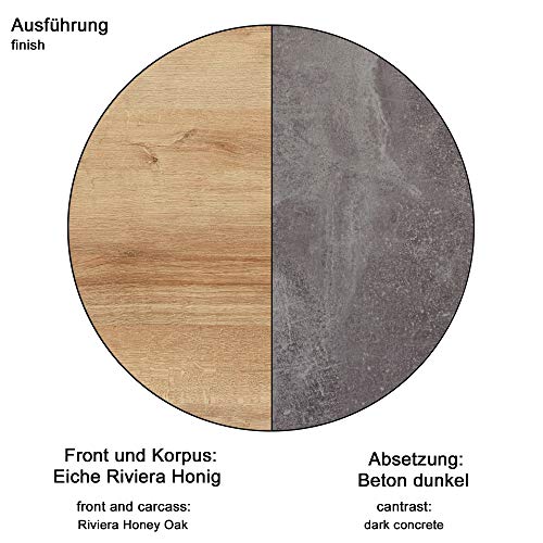 trendteam Badezimmer Waschbeckenunterschrank Unterschrank Bay, 123 x 39 x 53 cm in Korpus Beton Stone Dekor, Front Eiche Riviera Honig inkl. Waschbecken