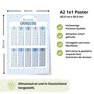 MeinBaby123® 1x1 Poster | Einmaleins Trainer für Kinder | Lernposter DIN A2 Mathematik Grundschule | das kleine Einmaleins lernen | inklusive 4x Übungsblätter (kleines Einmaleins blau)