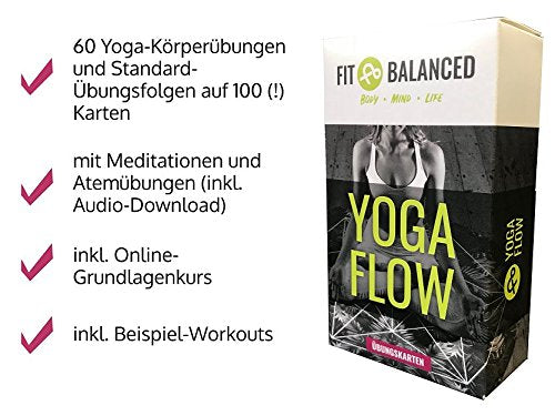 Fit&Balanced Yoga Karten, für Anfänger und Fortgeschrittene, mit 60 Yogaübungen, mit Online-Einführungs-Kurs, mit Meditationen und Atemübungen zum Anhören, Yoga Box