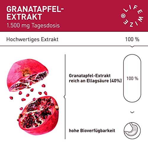 LifeWize® Granatapfel Extrakt Kapseln - 40% Ellagsäure (20:1 Extrakt) - 1500 mg Hochdosiert pro Tagesdosis - 120 Kapseln - Vegan & ohne unerwünschte Zusätze