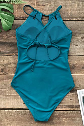 CUPSHE Damen Badeanzug mit Zierausschnitt Raffung Bauchweg Strandmode High Neck Einteilige Bademode Swimsuit Türkis XXL