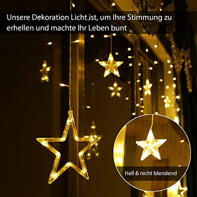 12 Sterne LED Lichterkette, Lichtervorhang weihnachtslichter Sternenvorhang 138 LEDs 8 Modi Für Innen Außen, Weihnachten, Party, Deko, Hochzeit, Garten, Balkon