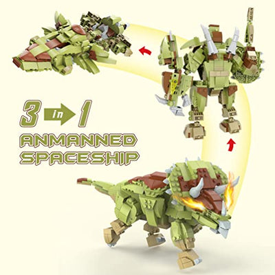 HOGOKIDS Dinosaurier Spielzeug Bausatz für Kinder - 445 Stücke Jurassic Dinosaurier Bauspielzeug, 3 In 1 Triceratops Roboter Raumschiff, Dino Bausätze Geschenk für Jungen ab 6 7 8 9 10 11 12 Jahren