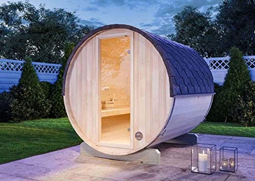 FinnTherm Fass-Sauna Mini S, 194 x 220 x 194 cm Gartensauna, Outdoor Sauna mit 42 mm Wandstärke, inkl. Montagematerial, Glastür aus Sicherheitsglas, 4 Personen, inkl. Dachschindeln, Außensauna