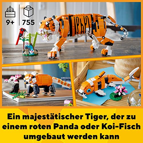 LEGO 31129 Creator Majestätischer Tiger, Panda oder Fisch, 3-in-1 Tierfiguren-Set, Spielzeug für Kinder, Konstruktionsspielzeug mit Tieren, Geschenk zu Weihnachten