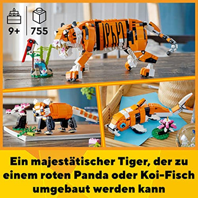 LEGO 31129 Creator Majestätischer Tiger, Panda oder Fisch, 3-in-1 Tierfiguren-Set, Spielzeug für Kinder, Konstruktionsspielzeug mit Tieren, Geschenk zu Weihnachten