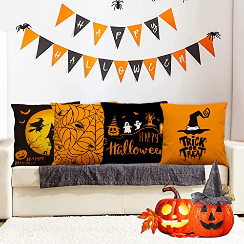 4 Stück Halloween Kissenbezug, Orange and Black Halloween Deko Garten Kissenbezug Happy Halloween Baumwolle Leinen Kissenbezug 45x45cm