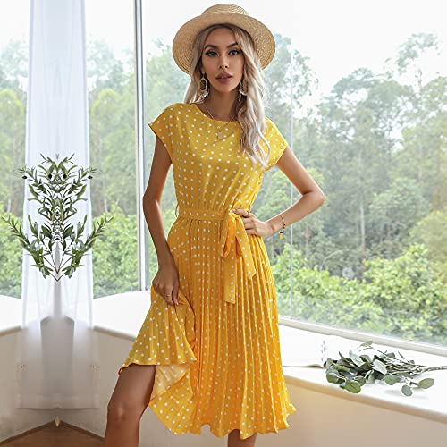 Blooming Beauty Damen Sommerkleid Polka Dots Kurzarm Rundhals Knielang Strandkleid Elegant Casual Lose Cocktail Party Kleider Faltenkleid Freizeitkleid mit Gürtel (Gelb, XXL)