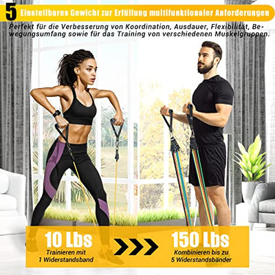 Resistance Bands Widerstandsbänder Set, 5 Fitnessbänder Expander Tube Bands, Fitnessband mit Großem Griff Knöchelriemen Türankerbefestigung Tragtasche, Ideal für Pilates Krafttraining Physiotherapie