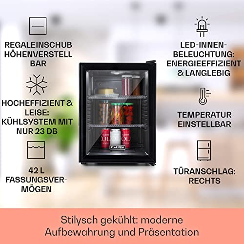 Klarstein Brooklyn Kühlschrank, Mini-Kühlschrank für Zimmer & Büro, Kühlschrank für Getränke Snacks & Kosmetik, Leiser Getränkekühlschrank, Mini Kühlschrank mit Glastüre, Minibar 12-18°C, 42 L