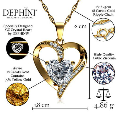 DEPHINI – 18k Goldkette Damen gelber Herz-Anhänger, CZ-Kristalle, feiner Schmuck