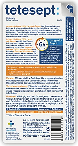 tetesept Laktase 7.000 – Laktasetabletten bei Laktoseunverträglichkeit – Nahrungsergänzungsmittel mit Sofortwirkung & 6h Langzeit-Depot – 1 Dose à 90 Stück