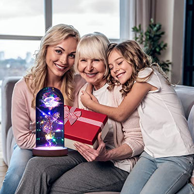 QUNPON Geschenke für Frauen Ewige Rose im Glas Die Schöne und das Biest Rose in Glaskuppel mit LED-Lichter Künstliche Blumen Rose Geschenke für Weihnachten Geburtstag Mama Freundin Oma