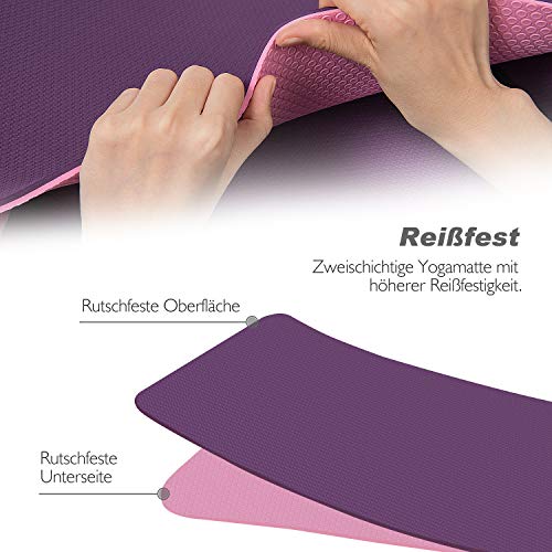 TOPLUS Gymnastikmatte, Yogamatte Yogamatte Gepolstert & rutschfest für Fitness Pilates & Gymnastik mit Tragegurt (Lila-Pink)