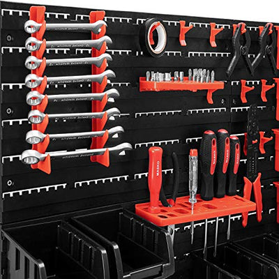 MASKO® Wandregal + Stapelboxen + Werkzeughalter | 45 tlg Box | Erweiterbar | Werkstattregal Lagerregal Steckregal Set Box | Sichtlagerkästen | Kleinteilemagazin | Sortimentskasten | Werkstatt |