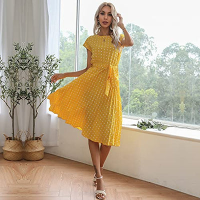 Blooming Beauty Damen Sommerkleid Polka Dots Kurzarm Rundhals Knielang Strandkleid Elegant Casual Lose Cocktail Party Kleider Faltenkleid Freizeitkleid mit Gürtel (Gelb, XXL)