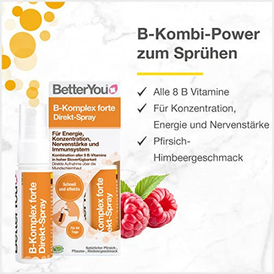 BetterYou Vitamin B-Komplex forte Direkt-Spray - Zum Sprühen auf die Mundschleimhaut - hohe Bioverfügbarkeit - Kombination aller 8 B-Vitamine - praktisch, schnell & effektiv -25 ml