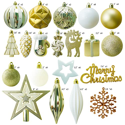 88PCS Weihnachtskugeln Ornamente für Weihnachtsbaum, zarte Weihnachtsdekoration Kugeln Bastelset Bruchsichere Kunststoff weihnachtsbaumschmuck Kugeln Kit für Neujahrsfeier Hochzeitsfeier (Gold+Weißen)