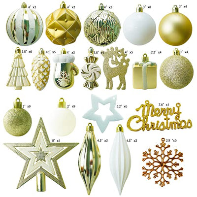 88PCS Weihnachtskugeln Ornamente für Weihnachtsbaum, zarte Weihnachtsdekoration Kugeln Bastelset Bruchsichere Kunststoff weihnachtsbaumschmuck Kugeln Kit für Neujahrsfeier Hochzeitsfeier (Gold+Weißen)