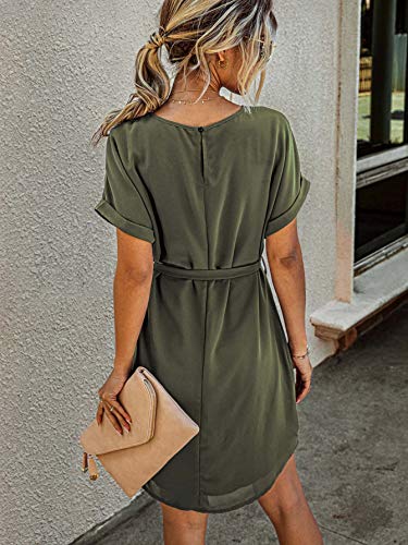 DIDK Damen Tunika Kleid Rundkragen Chiffonkleid Hohe Taille Sommerkleid Kurz Kleider Freizeitkleid mit Gürtel Armeegrün M