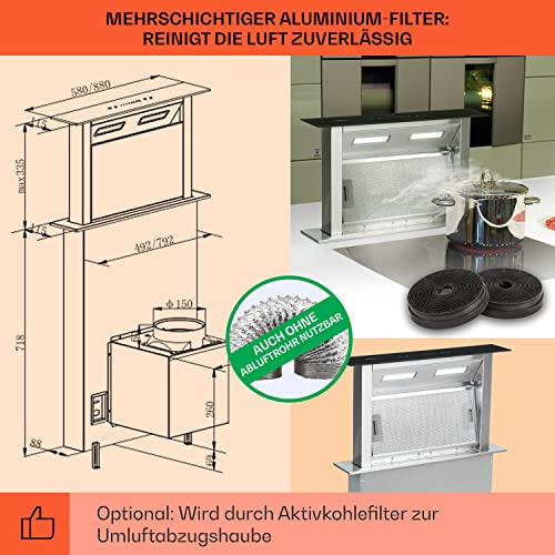 Klarstein Downdraft-Dunstabzugshaube, Versenkbare Abzugshaube, Leise Dunstabzugshauben mit Filter, Dunstabzugshaube 60cm, Umluft/Abluft Dunsthaube mit 4 Stufen, Dunstabzug 430 m³/h Luftstrom