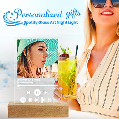 VEELU Spotify Glas Personalisiert LED Nachtlicht Song Cover Glas Bild mit Foto Spotify Platte Acrylglas Fotogeschenke für Männer Frauen Pärchen Geschenk Jahrestag Valentinstag Weihnachten