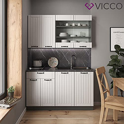 Vicco Küchenzeile Single Einbauküche Landhaus 140 cm Küchen Fame-Line (Anthrazit/Weiß)