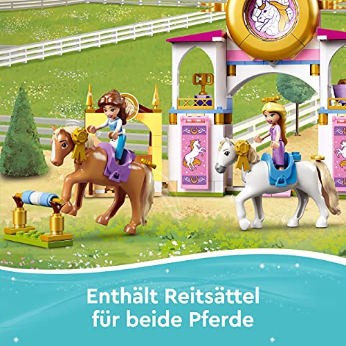 LEGO 43195 Disney Princess Belles und Rapunzels königliche Ställe, Bauspielzeug für Kinder ab 5 Jahren mit Pferd- und Minipuppen-Figuren