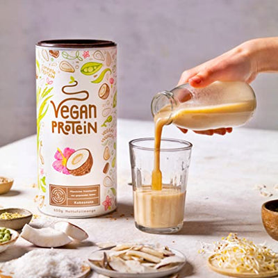 Vegan Protein - KOKOS - Pflanzliches Proteinpulver aus gesprossten Reis, Erbsen, Sojabohnen, Leinsamen, Amaranth, Sonnenblumen- und Kürbiskernen - 600 Gramm Pulver