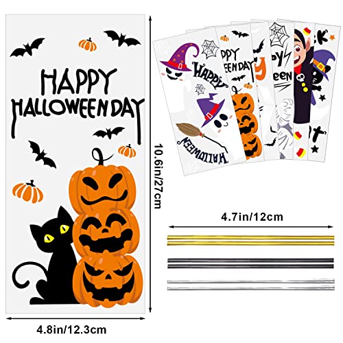 DERAYEE Cellophantüten, 120 Stücke Halloween Cellophantüten Groß, Süßigkeiten Tüten mit 150 Stücke Twist Krawatten