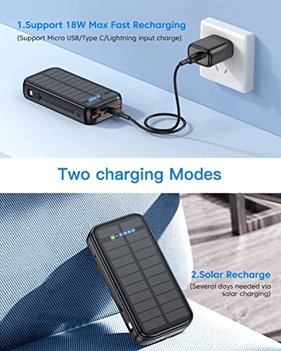 Solar Powerbank 30000mAh 20W Schnelles Aufladen Externe Akkus Power bank USB C Tragbares Ladegerät Outdoor 5 Ausgängen und 4 Eingängen Powerbank mit Kabel für iPhone Samsung Huawei Xiaomi Oppo Schwarz