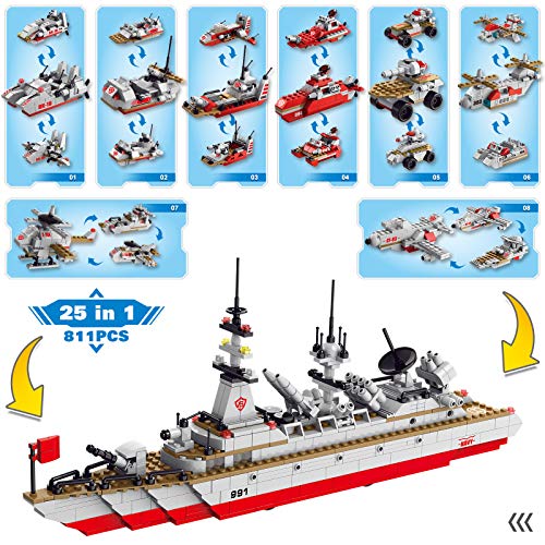 Sitodier Schlachtschiff Modell Bausteine Spielzeug, 811 Teile 25 in 1 Cruiser Boot Schiff Gebäude Bausatz Spielzeug für 6+ Jungen, Kriegsschiff Bausteine für Kinder Alter 6 7 8 9 10 11 12 Jahre alt