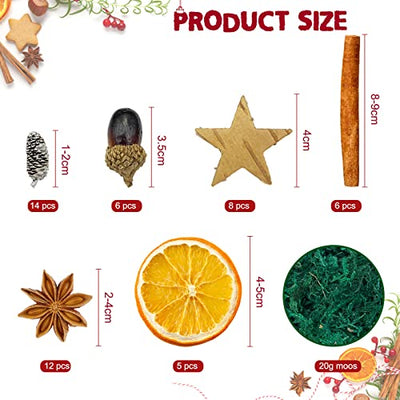 52 StüCk Potpourri Weihnachten Set, Weihnachtsdeko Basteln mit Zimtstangen, Orangenscheiben Getrocknet, Moos, Sternanis, Birkenscheibensternen, Tannenzapfen, Eicheln, Weihnachtsdeko Adventskranz Deko