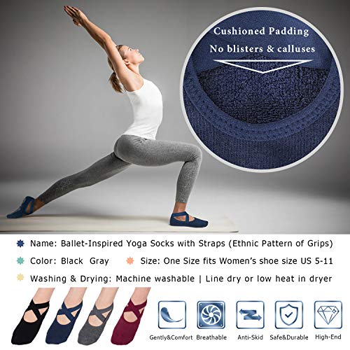 Ozaiic Yoga Socken rutschfeste für Damen für Pilates, Barre, Ballett, Tanz (EUR 35-41, 4 Paar-Schwarz / Navy / Dark Grey / Crimson)