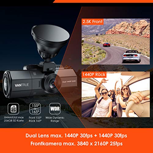 VANTRUE N2S 4K Dashcam Auto Dual 1440P Dash Cam Vorne Hinten, GPS 24Std. Dual Parküberwachung, Dasch-Cam Infrarot Nachtsicht, 2160P Vorne, 2 Zoll 320°Superkondensator Autokamera G Sensor Max. 512GB