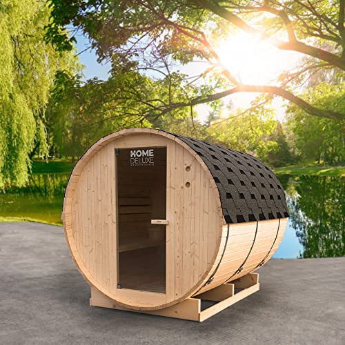 HOME DELUXE - Outdoor Fasssauna LAHTI XL - Maße: BxTxH: ca. 195 cm x 192 cm x 220 cm, Holz: Fichtenholz - inkl. Elektroofen und kompl. Saunazubehör I Gartensauna, Außensauna, Sauna für 6 Personen