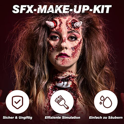 Halloween SFX Schminke Kit, KHOLEZ Halloween Kunstblut Set Mit Tupferschwämme, Special Effects Makeup Kit Wound Molding Skin Wax Mit Spatel, für Realistisch Wunden Narben Makeup für Zombie Vampir