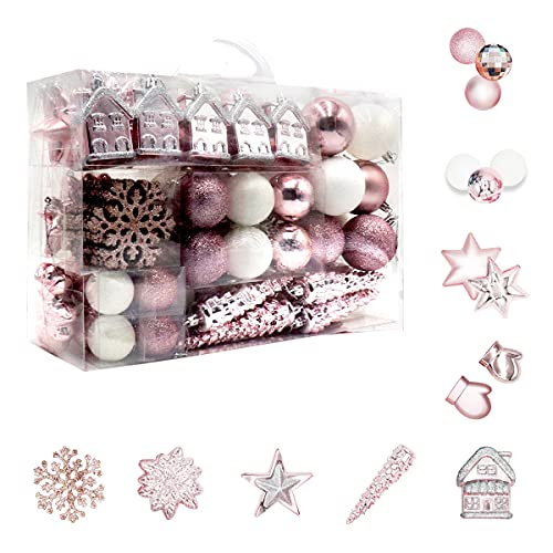 113 Stück Christbaumkugeln Set Weihnachtskugeln aus Kunststoff Rosa und Weiß Baumschmuck Weihnachtsbaum Deko & Christbaumschmuck in unterschiedlichen Größen und Designs Rosa und Weiß