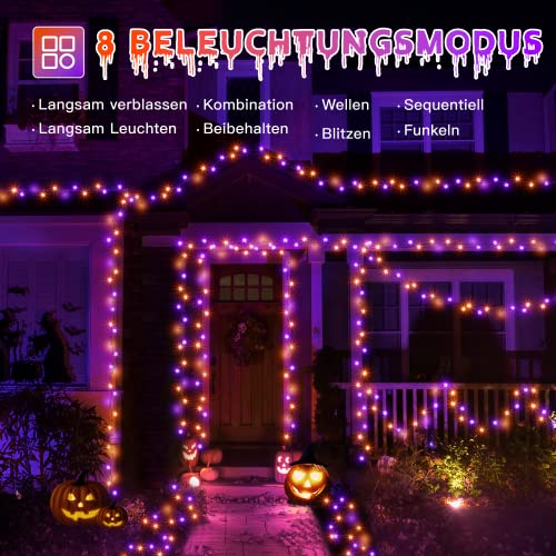 Halloween Deko Lichterkette-Ollny 20M 200LEDs Lichterkette Außen Strom Orange Lila-8 Modi Wasserdicht Halloween Lichterketten mit Stecker für Aussen Innen